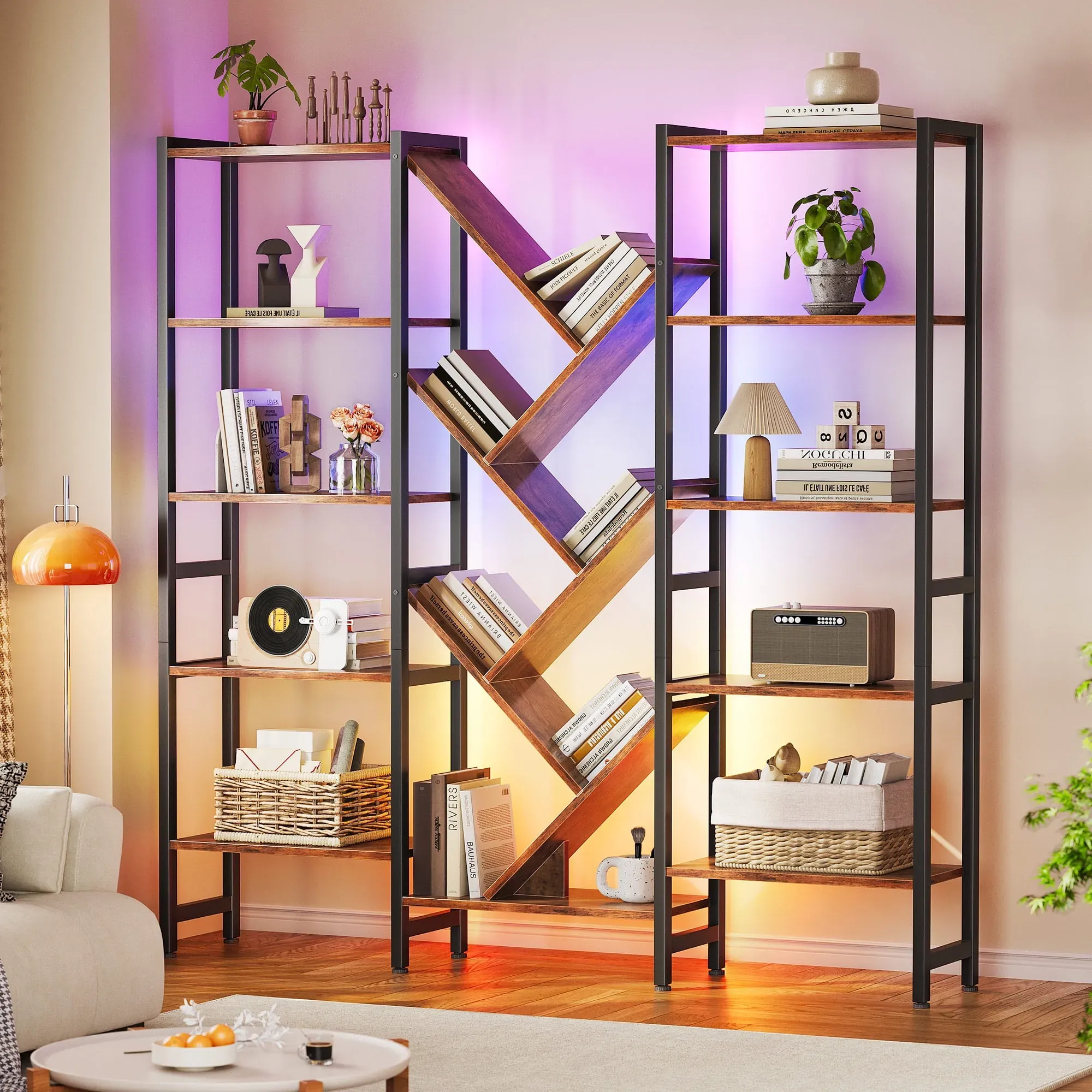 Triple 5-Tier Tree Bookshelf with LED Lights, 17 Open Shelves