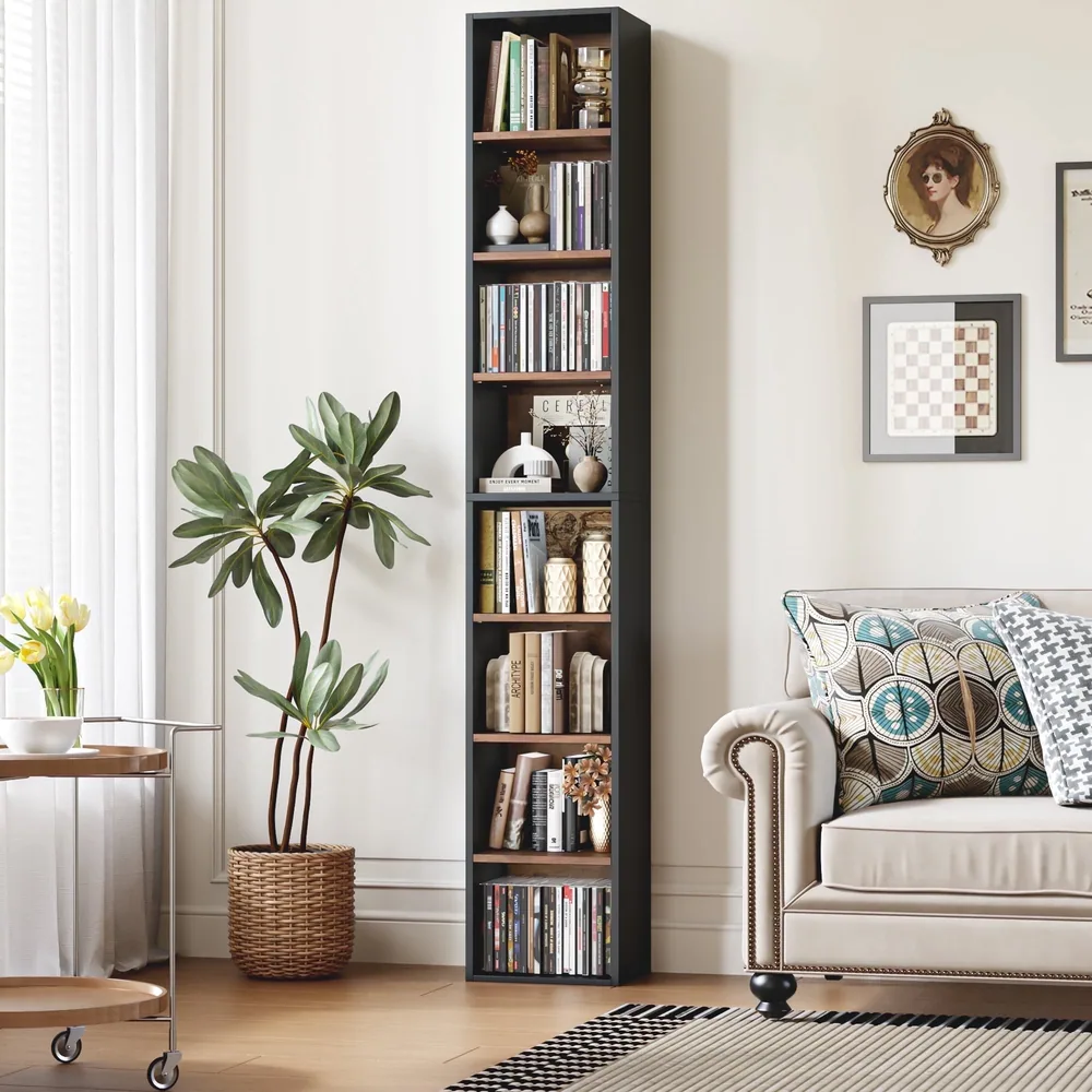 8-Tier Media Tower, CD DVD Media Storage Unit with 4 Adjustable Shelves for Living Room Bedroom, Black+Vintage Oak