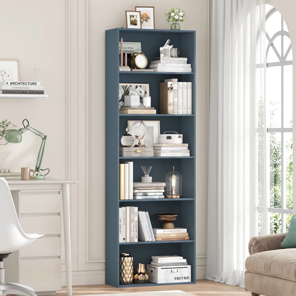 6 Tier Tall Bookshelf and Bookcase, Wooden Bookcase Display Shelf for Living Room Home Office Library Storage,Blue